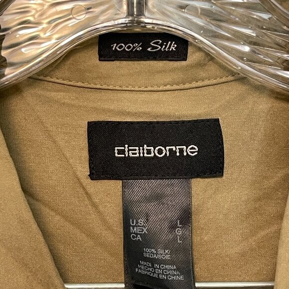 Claiborne Men Classic Neutral Old Money Retro 70s 100% Silk Button Shirt L - Picture 6 of 11
